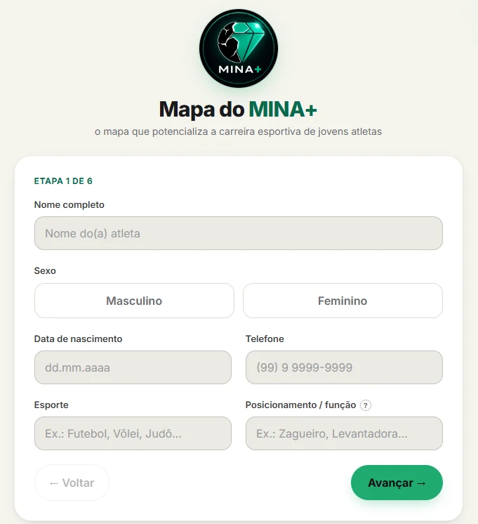 Tela da primeira etapa da triagem, com nome, sexo, data de nascimento, esporte e posição do atleta